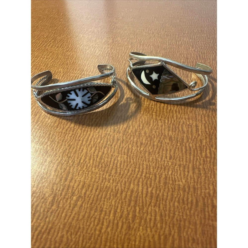 2‎ Mexico Stamped Flower, Moon & Stars Cuff Bracelets Alpaca